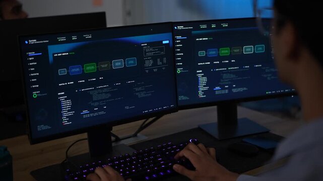 A young engineer seen over his own shoulder types steadily across two screens of agent pipeline cards and streaming execution output inside a dark AI startup office.