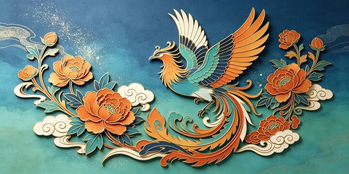 Majestic Phoenix Orange Teal Feathers Peonies Clouds Blue Teal