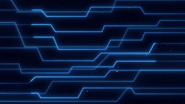 Blue glowing circuit board lines pulse over a starry cosmic space. High performance motherboard computing powers the circuit board. Cyber technology hardware drives these glowing circuit board lines.