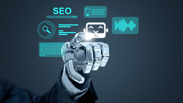 Robotic hand touching a futuristic digital interface featuring AI, SEO, and voice search icons on a dark background. Concept of Search Engine Optimization