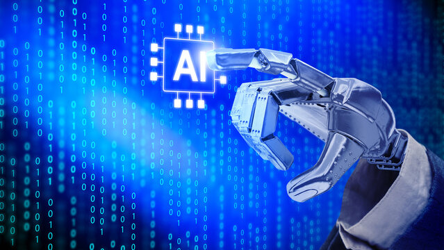 Robotic hand touching a glowing AI chip icon on a blue binary code background, symbolizing artificial intelligence and automation. Concept of Search Engine Optimization