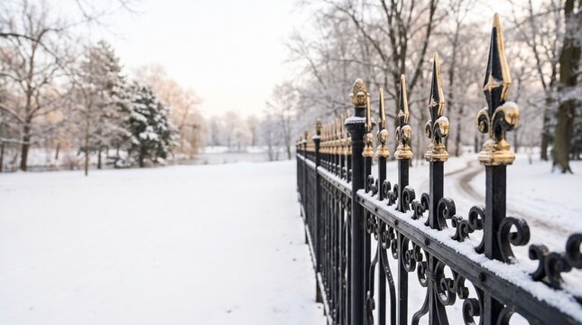 Decorative metal fence with gold finials covered in fresh white winter snow in a park.