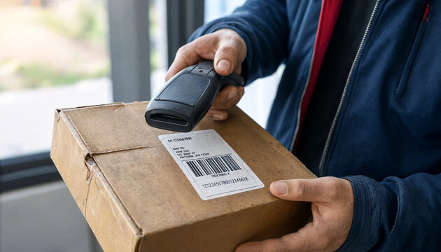 Courier scanning a shipping label on a cardboard package