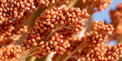 Obraz premium Dense clusters of sorghum panicles in warm autumn light, macro view