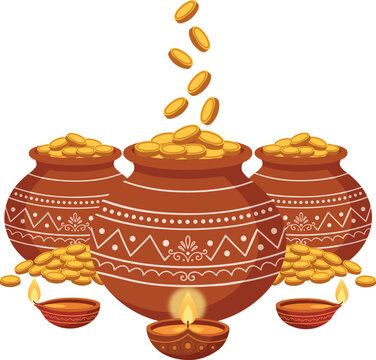 Dhanteras Pots with Gold Coins and Diyas Festival Design