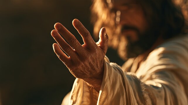 Dramatic Cinematic Close-Up of Jesus Raising Hand in Blessing Gesture, Warm Light and Copy Space