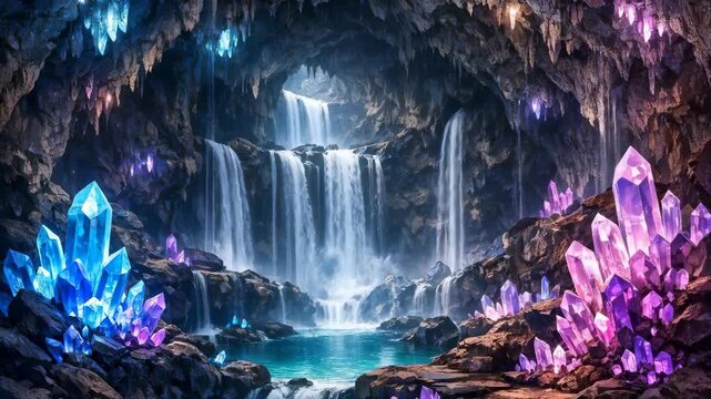 Magical Underground Cave with Waterfall and Glowing Crystals