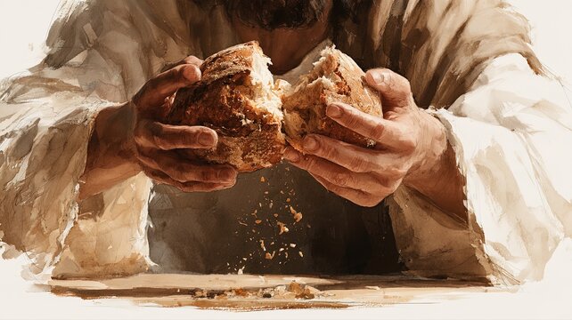 Jesus Hands Breaking Bread Over Wooden Table, Contemporary Christian Watercolor Illustration