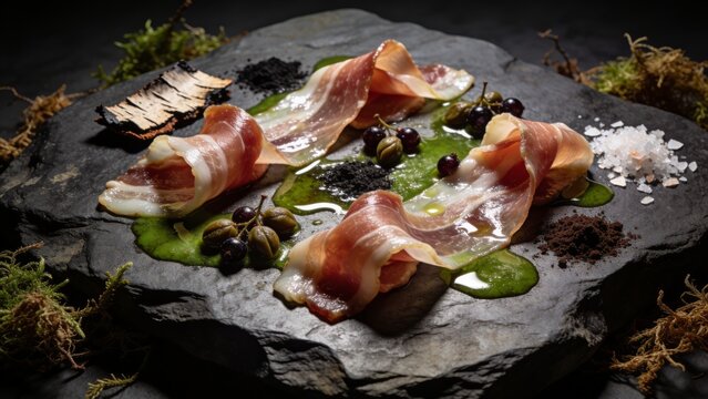 Cured Mangalitsa Pork Lardo Ribbons with Berries and Spices on Slate