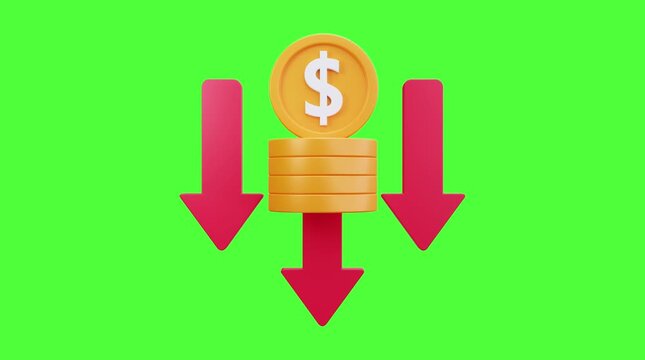 3D Gold Dollar Coins Stack with Red Down Arrows Floating on Green Screen Chroma Key Background Loop