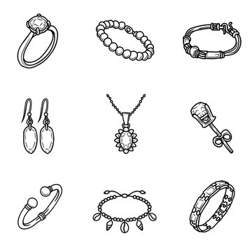 Set of elegant jewelry icons outline illustration featuring rings necklaces bracelets and earrings with transparent background for fashion and design projects in high resolution PNG format