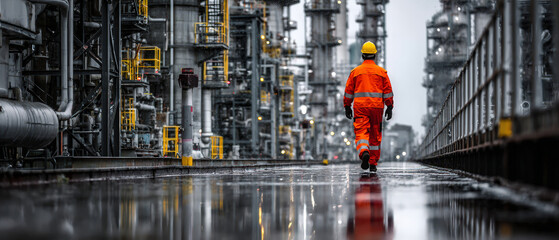 Obraz premium Rear view of industrial worker in orange safety jacket and helmet walking through refinery plant in rainy conditions. Concept of oil industry, maintenance, safety, engineering and industrial workforce