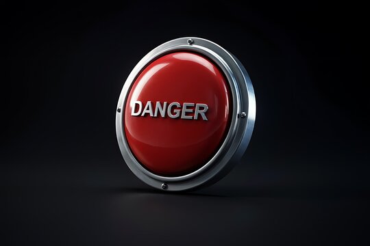 Hyperrealistic 3D Red Danger Button with Metallic Frame and Silver Typography on Dark Studio Background