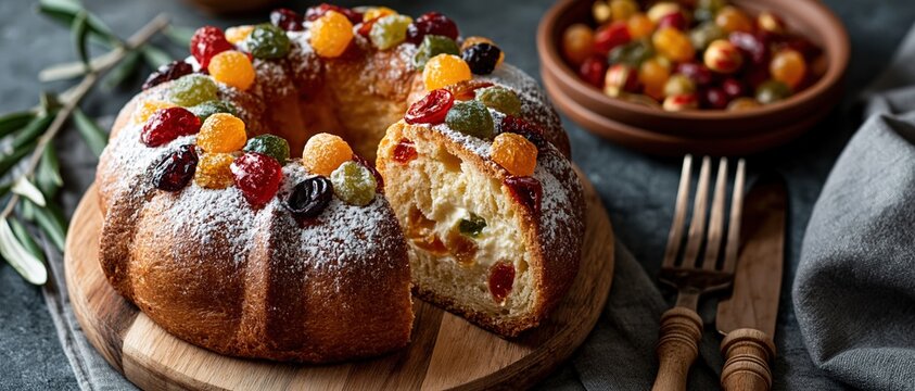 Festive Three Kings Day celebration captured in a sliced roscn de reyes dusted with powdered sugar and topped with vibrant candied fruit on a rustic wooden board.