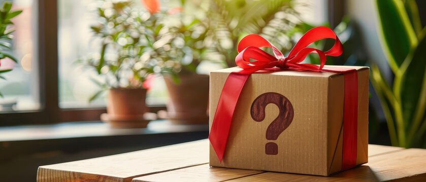 Small cardboard gift box with red ribbon bow and large question mark symbol on wooden table. Surprise, mystery, secret offer or special promotion concept.