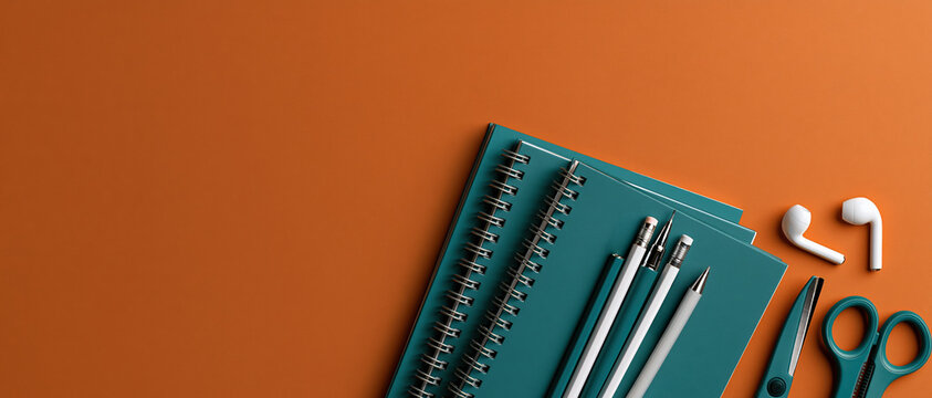 Vibrant backtoschool flatlay featuring teal spiral notebooks, pens, pencils, scissors, and wireless earbuds on bold orange. Perfect for education campaigns, student lifestyle, or.