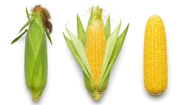 Fresh sweet corn cobs with husk and silk showing texture of yellow kernels for harvest food supply.