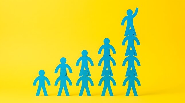 Team growth concept blue figures ascending on yellow background