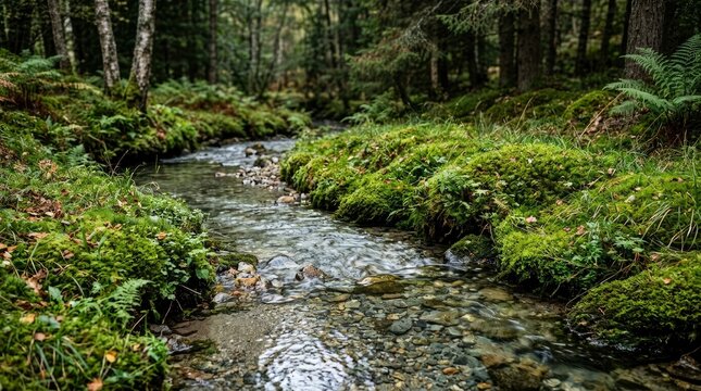 Crystal clear forest stream flowing through lush green mossy banks in a tranquil woodland setting