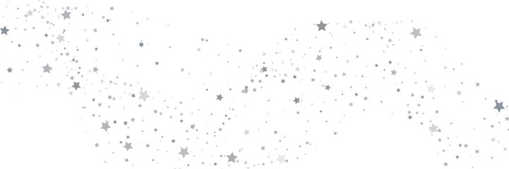 Obraz premium Sweeping wave of silver and grey stars on white background. Horizontal festive banner with scattered confetti and copy space