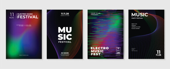 Electronic music festival vector poster templates set. Neon gradient backgrounds with colorful abstract waves and modern DJ party event flyer designs