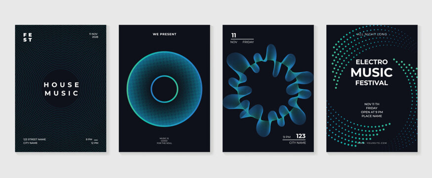 Electronic music festival vector poster templates set. Neon gradient backgrounds with colorful abstract waves and modern DJ party event flyer designs