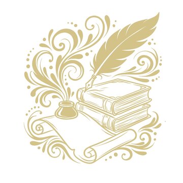 Vintage Feather Quill Pen, Inkwell, and Stack of Old Books with Elegant Floral Flourishes Line Art Illustration