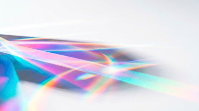 Abstract iridescent light refraction on white background, rainbow prism flare with soft bokeh effect