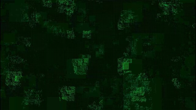 Digital pattern animation displays pixelated squares and binary code. High tech cyber data processing flows across the digital pattern. Encrypted computer matrix systems drive the digital pattern.