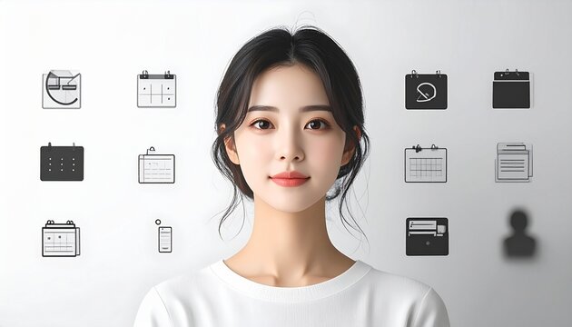 A professional figure stands centered, surrounded by digital icons of scheduling, communication, and management, symbolizing modern productivity, balance, and streamlined organization in minimalist ab