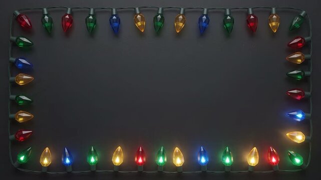 Colorful Christmas Lights Border Blinking on Dark Background Frame