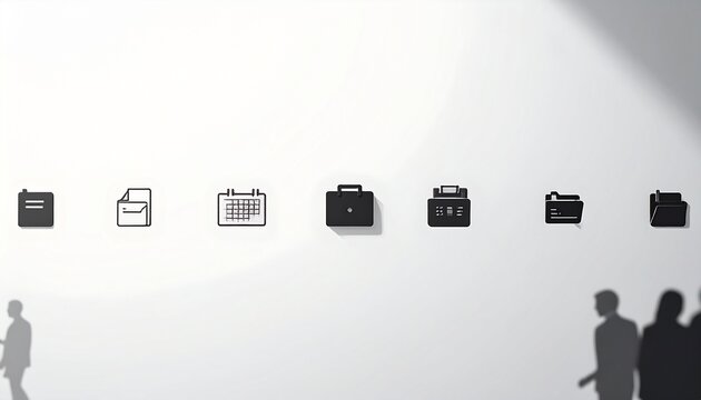 A professional figure stands centered, surrounded by digital icons of scheduling, communication, and management, symbolizing modern productivity, balance, and streamlined organization in minimalist ab