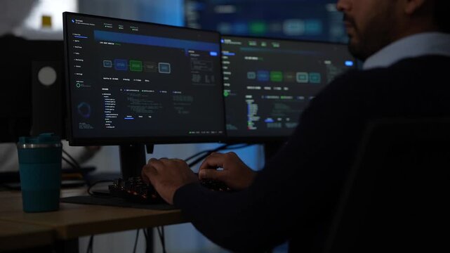 A bearded engineer in a navy sweater works the backlit keyboard in a dark room with the agent dashboards filling both screens at an AI company in Bangkok, Thailand.
