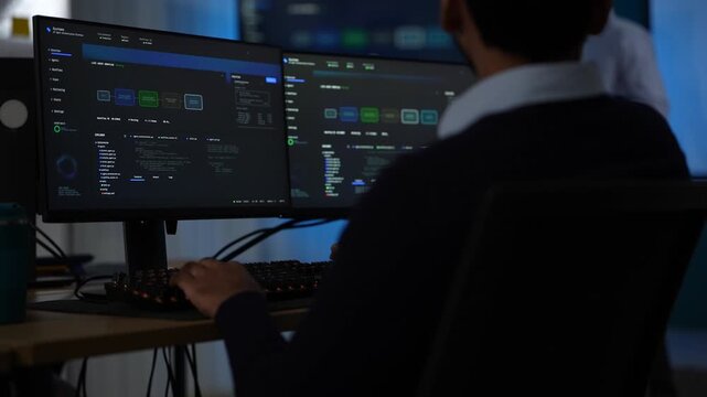 A developer seen from behind at his workstation keeps his hands moving on the keys while a colleague passes in the blue dark behind him inside a dark AI startup office.