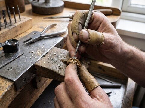 Jeweler setting a diamond gemstone into a gold ring at a professional workbench