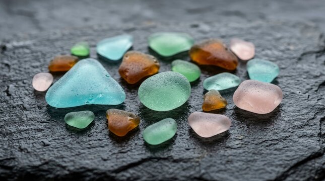 Collection of Smooth Colorful Tumbled Sea Glass Fragments on Wet Dark Rock Background