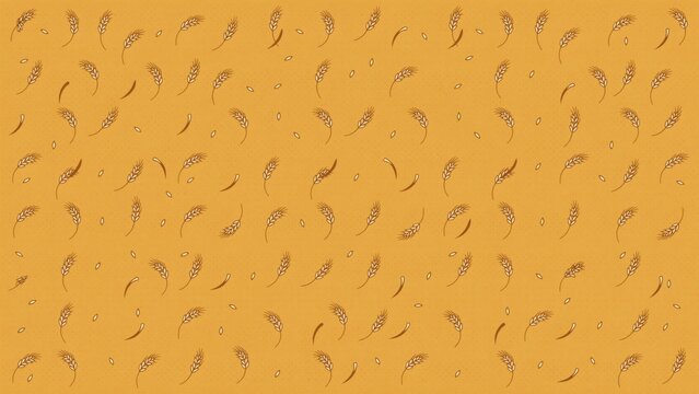 Seamless pattern of wheat ears and grains on a textured golden yellow background design with repeating pattern stylized individual grains arranged