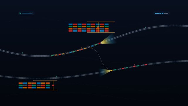Railway Freight Intermodal Rail Network with glowing train route pulses traversing continents