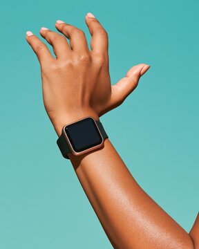 Hand wearing smartwatch against teal background, close up