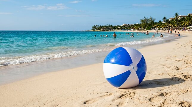 Blue and White Inflatable Beach Ball on a Tropical Sandy Shore with Turquoise Water