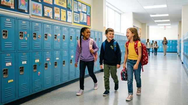 Happy Diverse Group of Elementary School Students Walking and Talking in Hallway Near Lockers
