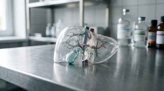 Transparent human liver anatomical model on a stainless steel medical laboratory table