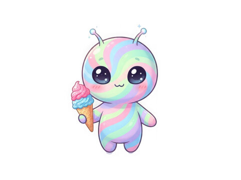 Pastel rainbow alien holding ice cream isolated transparent