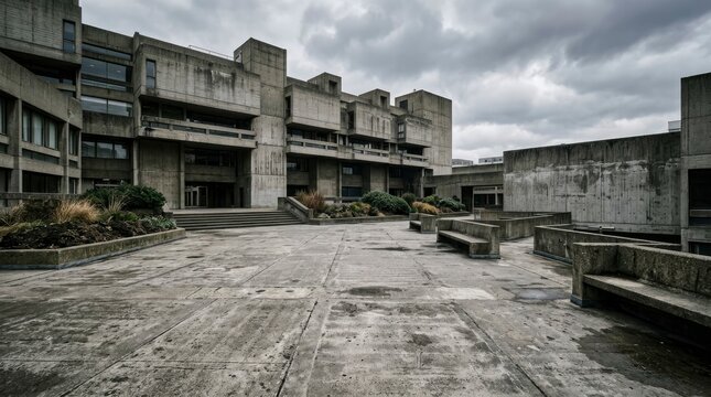 Imposing Brutalist architecture building with raw concrete facades and public plaza under a cloudy sky