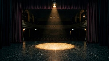 Obraz premium Empty Theater Stage with a Single Dramatic Spotlight and Red Curtains