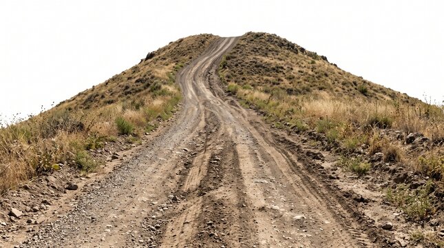Rugged dirt road ascending a dry hill isolated on a white background for creative design work