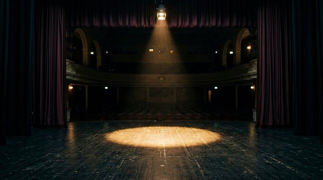 Empty Theater Stage with a Single Dramatic Spotlight and Red Curtains