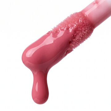 Close up of a pink lip gloss applicator wand with a thick glossy drop dripping downwards