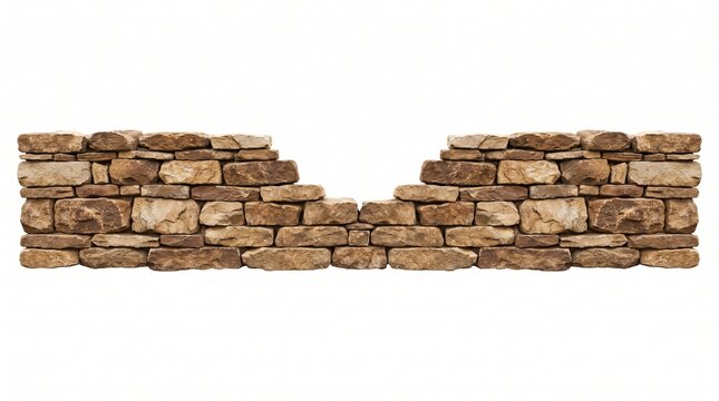 Rustic dry stack stone wall isolated on white background for garden landscaping design projects.
