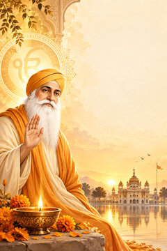 Sikh Spiritual Guru Giving Blessing with Ik Onkar and Diya